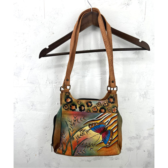 Anuschka Hand Painted Purse Cross Body Bag Butterfly Shoulder Boho - Picture 2 of 12